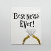 Acronym of a wedding ring with a sparkling diamond and the message "Best News Ever" in black text, celebrating engagements and love.