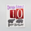 Colorful birthday card with "Double Figures! 10" and "Happy Birthday" featuring elephants and number blocks, perfect for celebrating a 10th birthday or milestone.