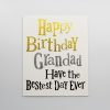 Vibrant birthday card with glittery gold, silver, and black text reading "Happy Birthday Grandad Have the Bestest Day Ever," perfect for celebrating grandfathers.