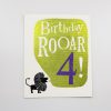 Colorful birthday greeting card with a roaring lion illustration, celebrating a 4th birthday, featuring vibrant gold, purple, and black design elements.