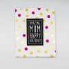 Colorful birthday card for Mom with gold and pink polka dots, celebrating Mother's Day and special occasions.