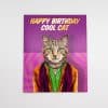 Vibrant birthday card featuring a cool cat dressed in stylish clothing with bold text saying "Happy Birthday Cool Cat" on a colorful, retro-inspired background.