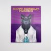 Elegant birthday card featuring a black cat dressed as a princess with a pearl necklace and fur coat, set against a purple ocean background, celebrating her birthday in style.