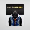 Bold gorilla wearing a denim jacket and hoodie with the text "HAVE A GOOD ONE" on a black and white background, illustrating contemporary street art and animal-inspired fashion.