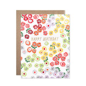 Bright floral birthday card with colorful flower patterns and "Happy Birthday" message, perfect for celebrating special occasions and sending cheerful greetings.