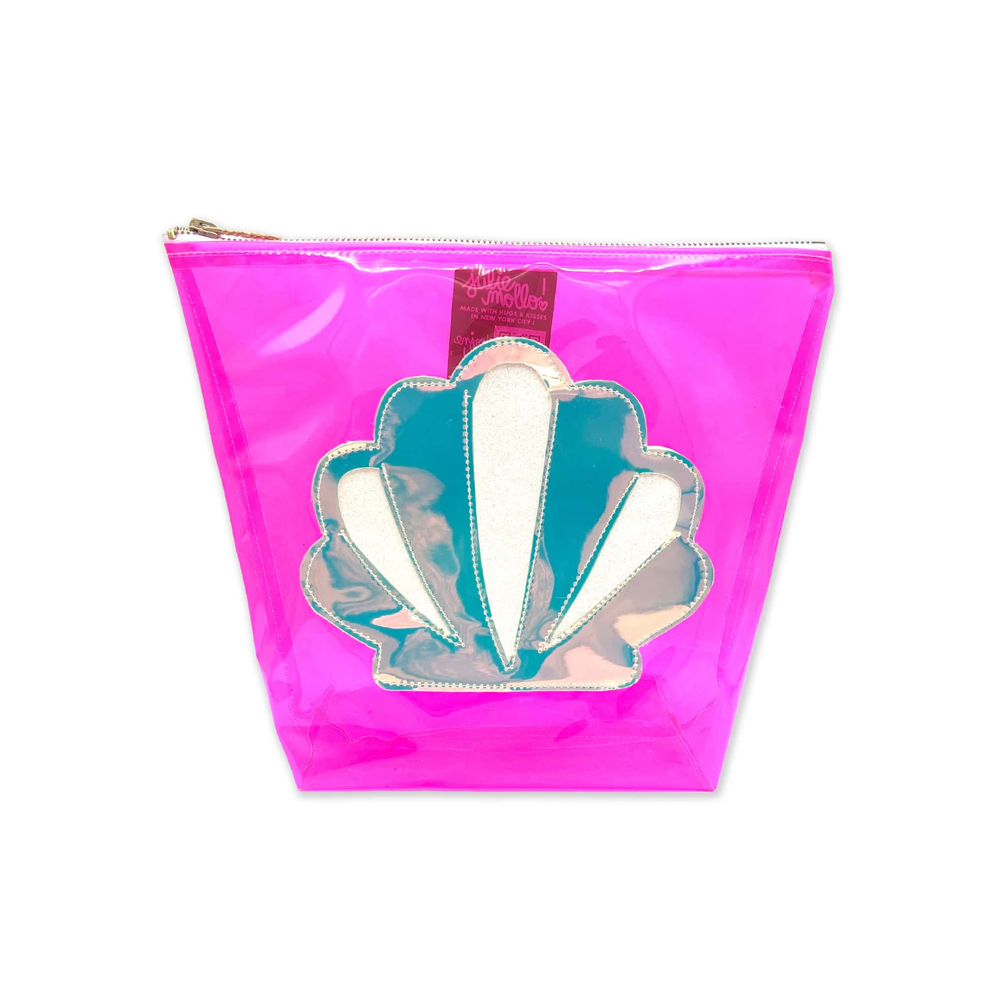 Vegan shell-shaped cosmetic bag from The Wraperie with holographic details, perfect for makeup and accessories, stylish and functional pink tote.