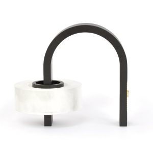 Black and white minimalist tape dispenser with a modern design, featuring a curved black arm and a marble-like white wheel for easy tape dispensing. Stylish desk accessory for home or office.