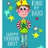 Colorful Father's Day greeting card featuring a cartoon boy wearing a crown and star-themed outfit, with vibrant stars and heartfelt messages, perfect for celebrating dads.