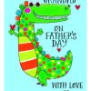 Colorful dinosaur greeting card for Father's Day, whimsical card from The Wraperie with bright polka dots and bold message, perfect for celebrating grandad with love and fun designs.