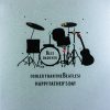 Silhouette of a drum set with guitar, decorated with colorful lights for Father's Day celebration, featuring the text "Best Dad Ever" and "Cooler than the Beatles! Happy Father’s Day" on a festive background.
