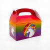 Vibrant unicorn-themed snack box with rainbow colors and playful design, perfect for kids' parties, birthday celebrations, and gift packaging from The Wraperie.
