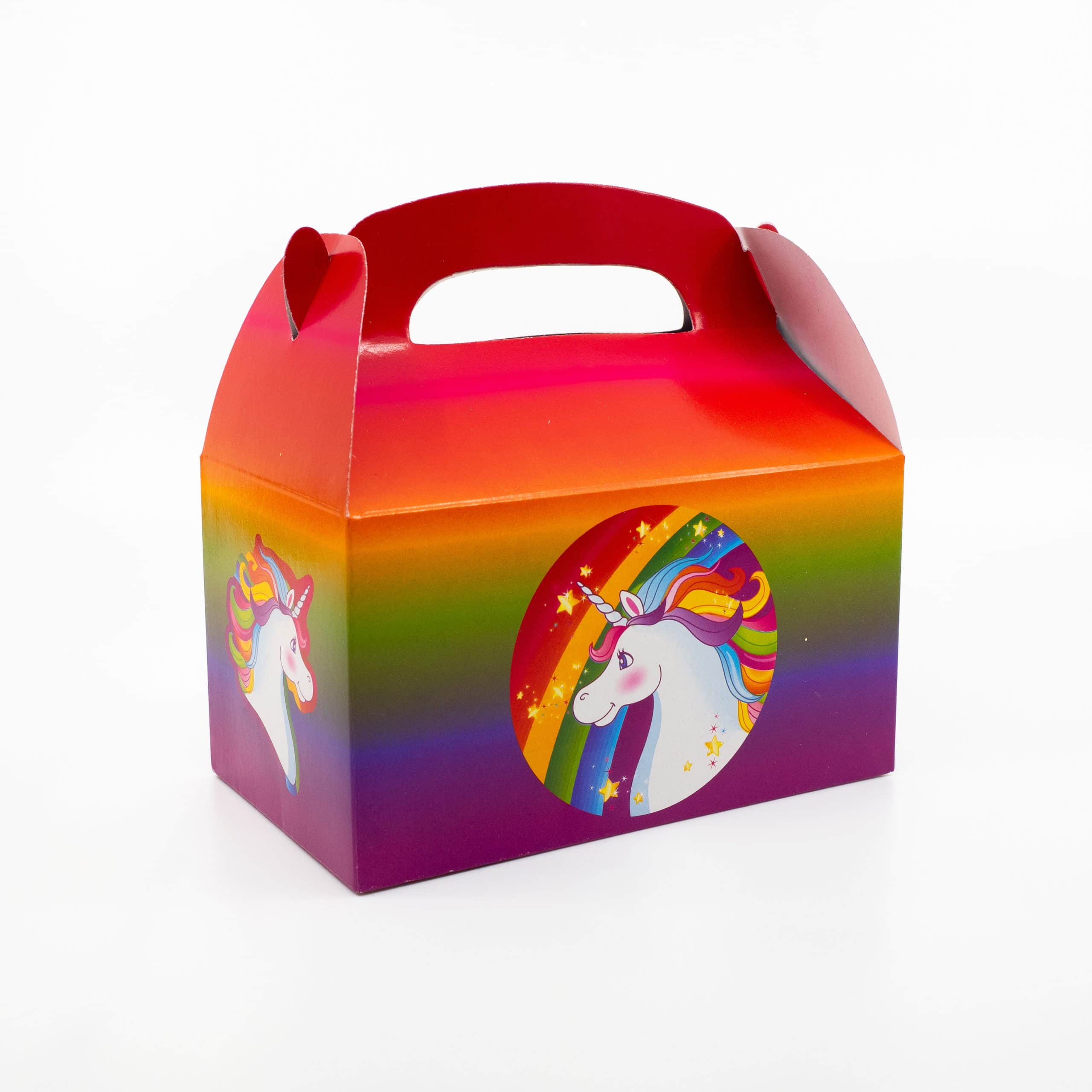 Vibrant unicorn-themed snack box with rainbow colors and playful design, perfect for kids' parties, birthday celebrations, and gift packaging from The Wraperie.