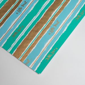 Vibrant striped wrapping paper with the phrase "a little treat..." in playful script, perfect for gift-giving occasions, featuring turquoise, gold, and white colors.