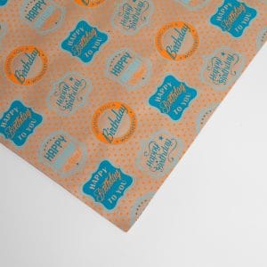 Vibrant birthday wrapping paper with blue and orange "Happy Birthday to You" and "Wishing You a Birthday Wonderful" labels, designed for celebratory gift wrapping.