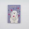 Cute illustrated greeting card featuring a white bear holding a bouquet of colorful flowers against a purple background, with the text "Nice things".