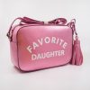 Pink gift bag with "Favorite Daughter" message, tassel charm, and adjustable strap, perfect for Mother's Day or birthdays. Stylish and personalized accessory for daughters.