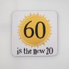 Bright yellow sun graphic with "60" and playful text "is the new 20" emphasizing fun, aging gracefully, and positive attitude, perfect for lifestyle and motivational content about aging.