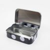 Shiny stainless steel tin container with black and white polka dot design, open and ready for storage or accessories. Perfect for organizing small items, snacks, or personal belongings.