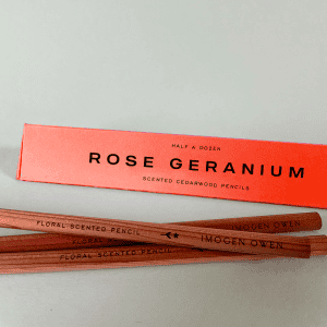 Rose Geranium scented cedarwood pencils, eco-friendly floral scented writing tools with natural wood finish, perfect for gifting or personal use, available at The Wraperie.