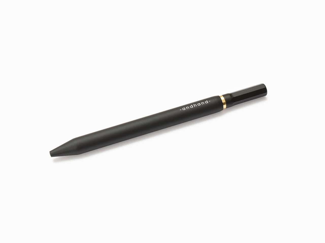 Black stylus pen with "andhand" branding on a plain white background.