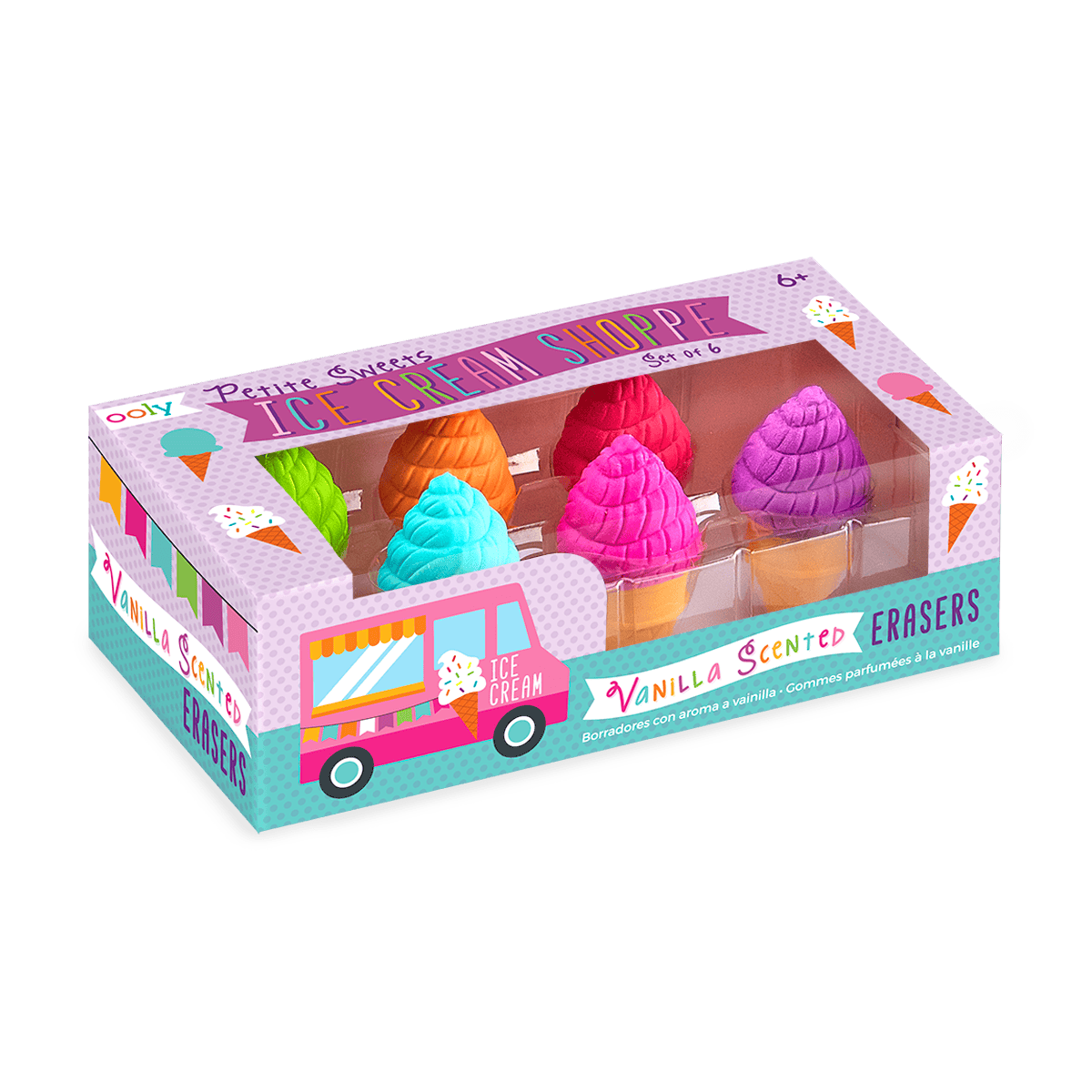 Colorful ice cream cone-shaped erasers set in a clear plastic display box, perfect for kids, classroom activities, and stationery collections, emphasizing fun and scented features for creative play.