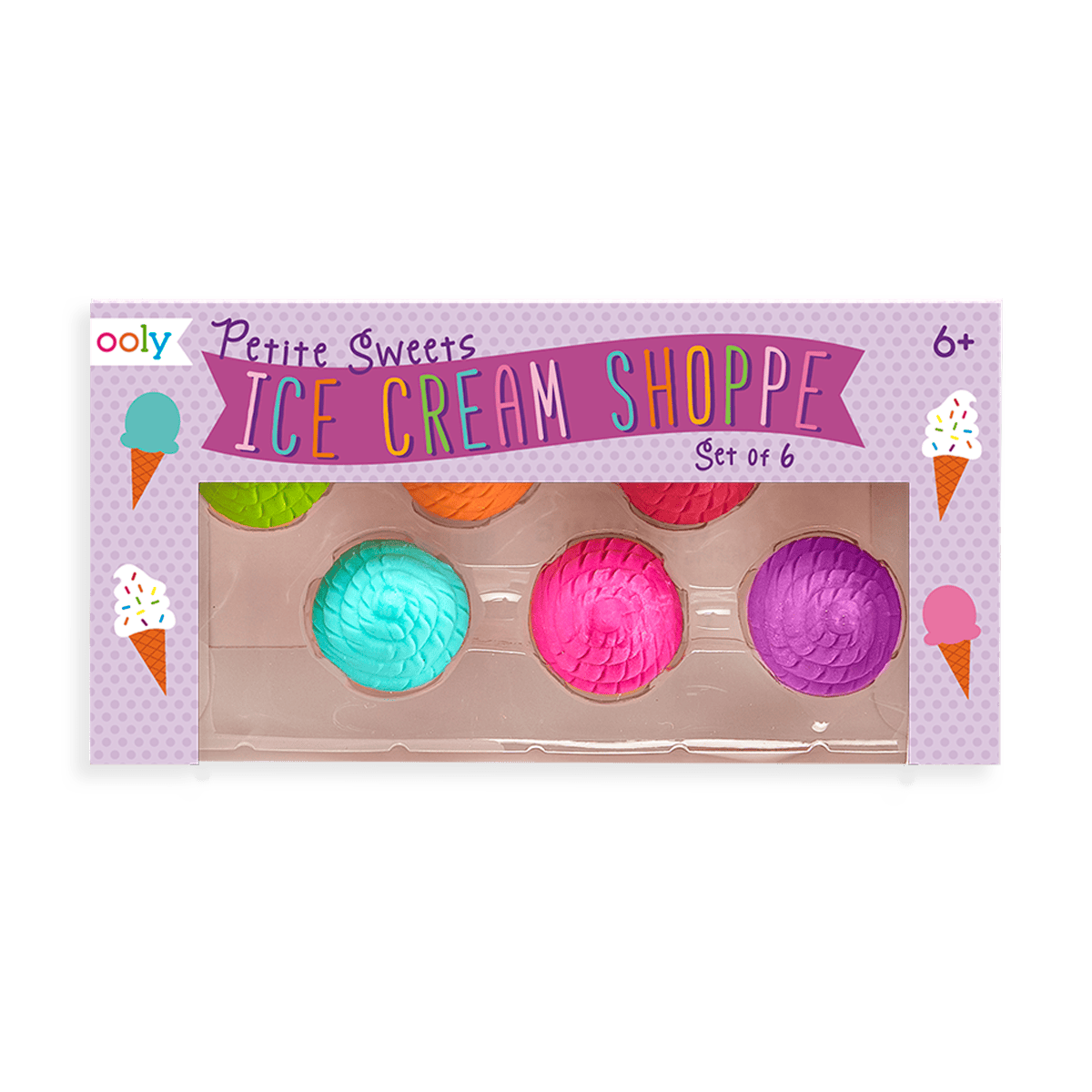 Colorful set of six mini ice cream shoppe squishy toys with vibrant swirl designs, perfect for children’s sensory play and stress relief, suitable for ages 6 and up at The Wraperie.