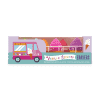 Bright pink ice cream truck-shaped packaging with colorful vanilla-scented erasers resembling ice cream scoops in pink, purple, and orange, perfect for kids' stationery and stationery accessories.