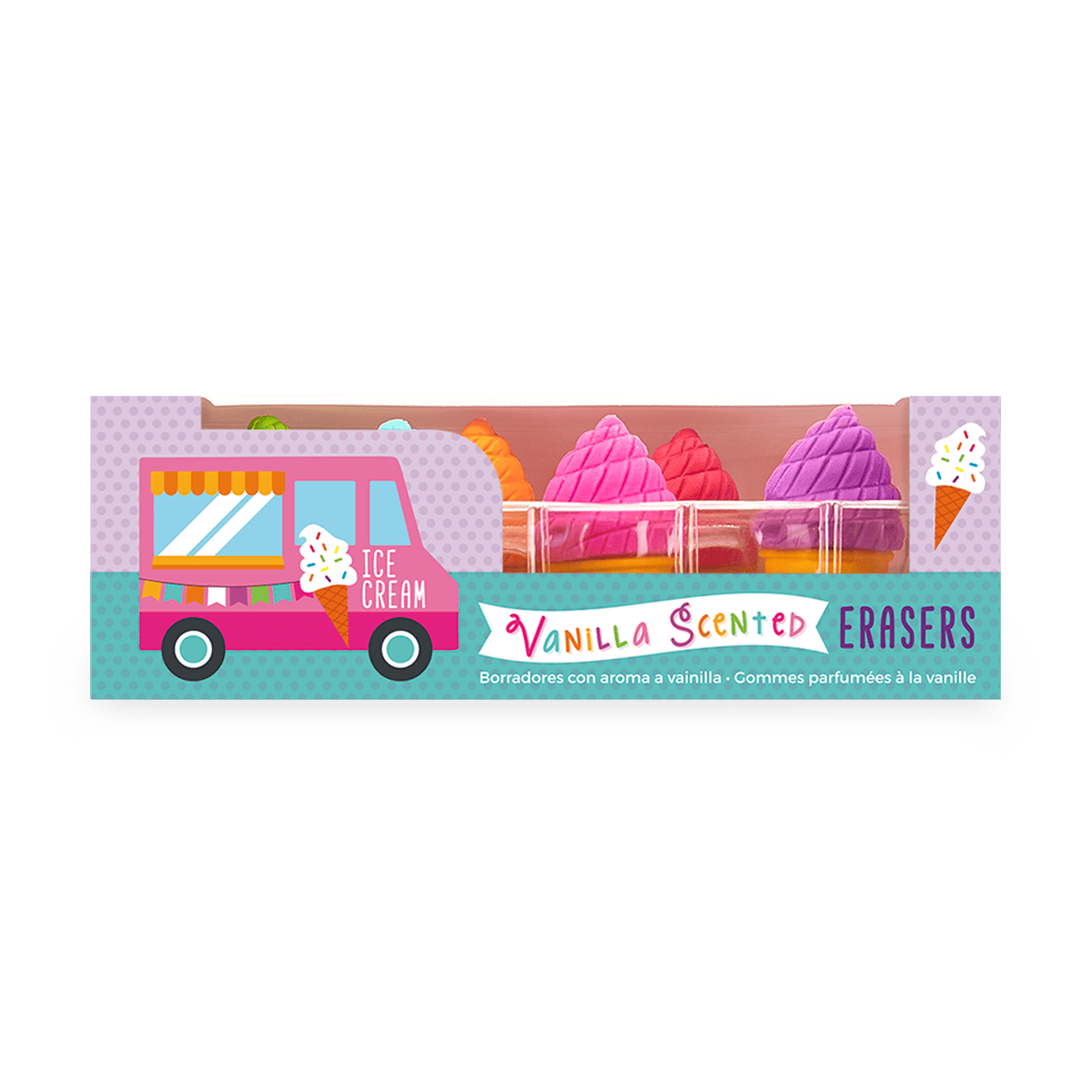 Bright pink ice cream truck-shaped packaging with colorful vanilla-scented erasers resembling ice cream scoops in pink, purple, and orange, perfect for kids' stationery and stationery accessories.
