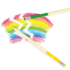 Colorful rainbow chalk art with two wooden pencils and a chalk-drawn rainbow background, perfect for creativity and art supplies.