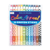 Brightly colored crayon sticks with fun geometric patterns, ideal for children's coloring projects and creative activities at The Wraperie.