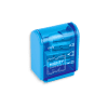 Bright blue pencil sharpener with “Mighty Sharpener” label, smooth rounded design, ideal for school or office use, compact and portable for easy sharpening of pencils.