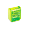 Bright neon green pencil sharpener with clear plastic cover and multiple sharpening slots for different pencil sizes. Durable and compact design ideal for students and office use.