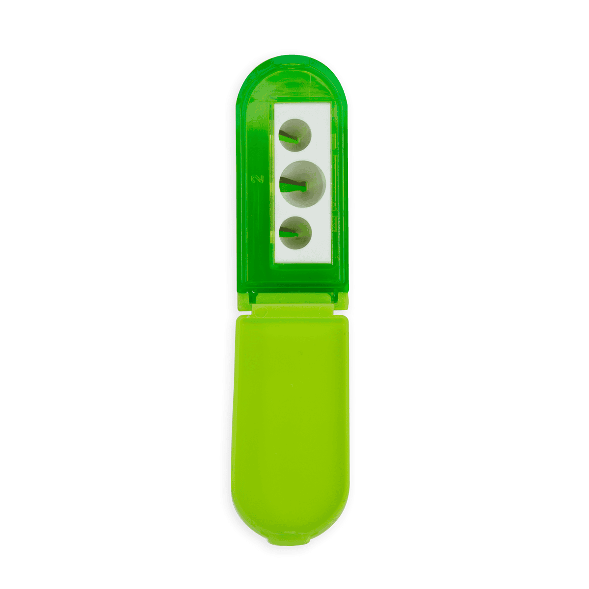 Power strip with three outlets in bright green color, suitable for home or office use.