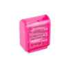 Pink mini sharpener with dual-blade compartments for kids, featuring a transparent lid and easy-to-use design. Perfect for school supplies and craft projects.