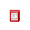 Bright red safety utility knife blade container with warning labels and barcode for child safety and secure household or office use.