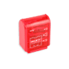 Compact red sharpener with three-hole options for different pencil sizes, featuring the 