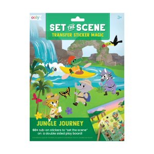 Colorful jungle adventure themed sticker set for kids, featuring animals, waterfalls, and explorers; perfect for educational and creative play.