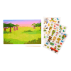 Colorful children's sticker set with jungle animal characters, rainforest backdrop, and scenic landscape for creative play and decorating.