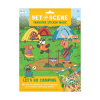 Colorful camping-themed sticker set featuring cartoon animals, tents, campfire, and musical instruments for kids age 3+ by The Wraperie.