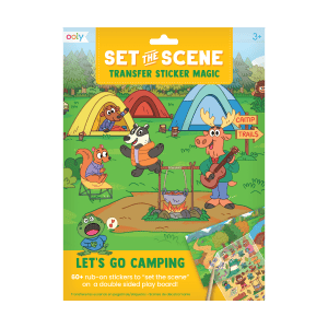 Colorful camping-themed sticker set featuring cartoon animals, tents, campfire, and musical instruments for kids age 3+ by The Wraperie.