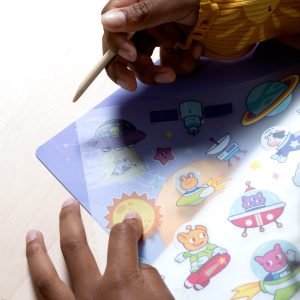 Sticker sheet of colorful space-themed and cartoon characters, fun for kids, with Rocket, aliens, animals, and astronauts, ideal for children's activities, decorating, or craft projects.