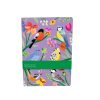 Vibrant colorful bird-themed journal cover featuring various songbirds and blooming flowers on a lavender background for nature-inspired stationery.