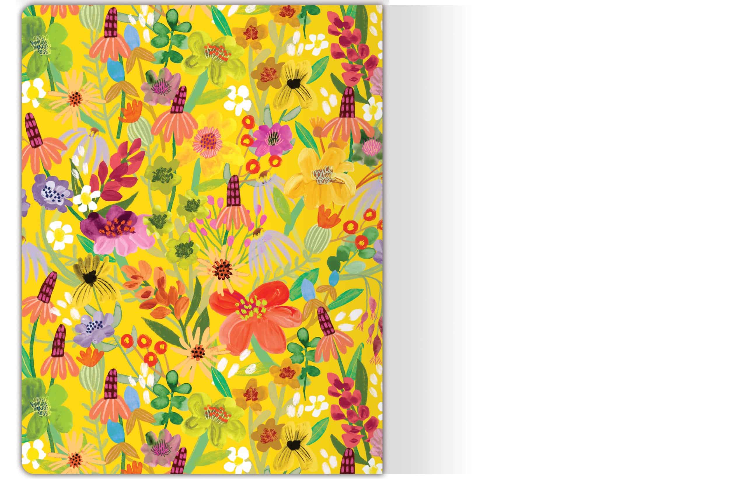 Vibrant floral pattern on a yellow background, perfect for wrap designs, emphasizing colorful flowers and botanical elements for trendy, eye-catching gift wrapping.