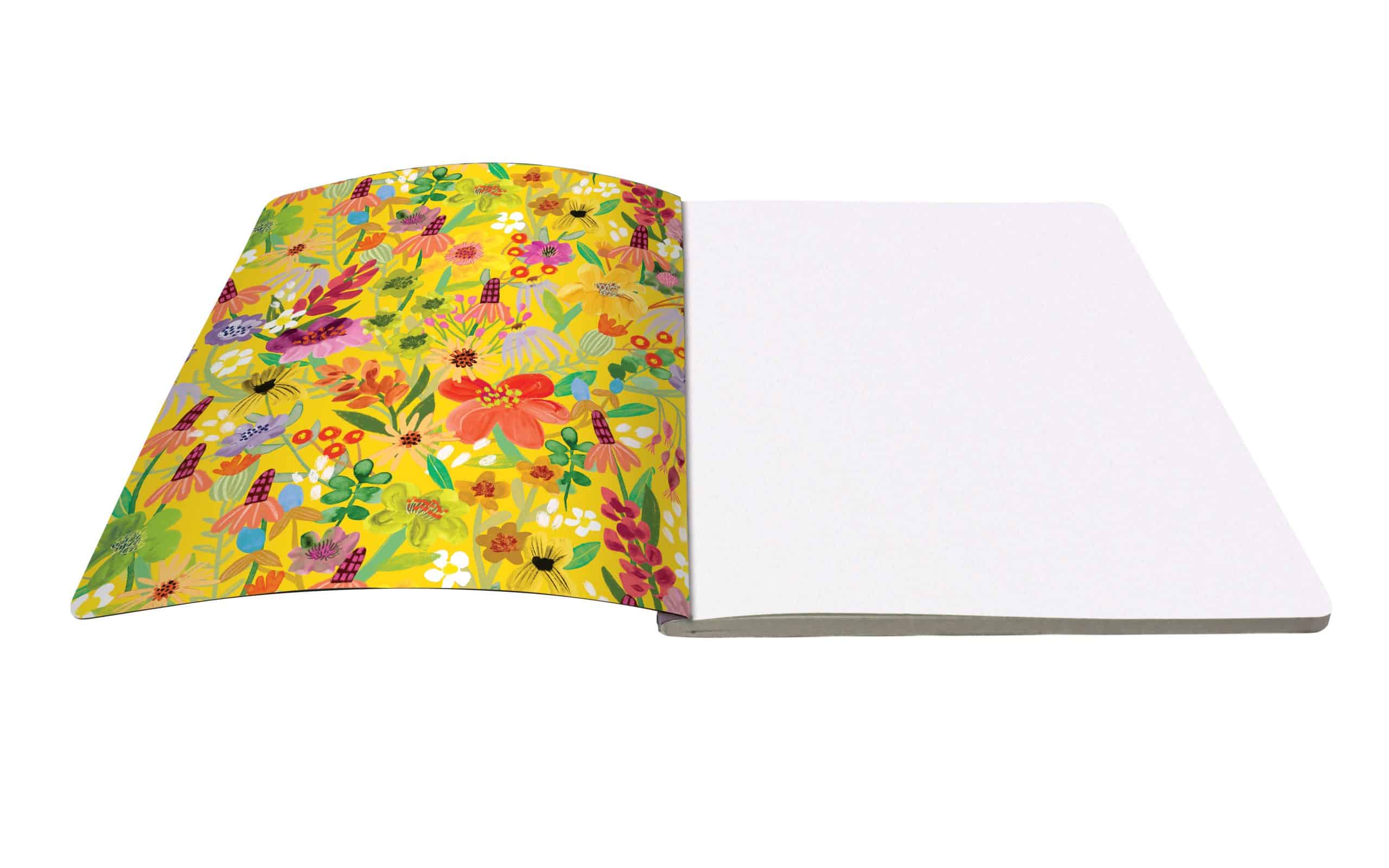 Vibrant floral-patterned wrapping paper next to a blank white sheet, showcasing colorful and cheerful design, perfect for gift wrapping and stationery needs.