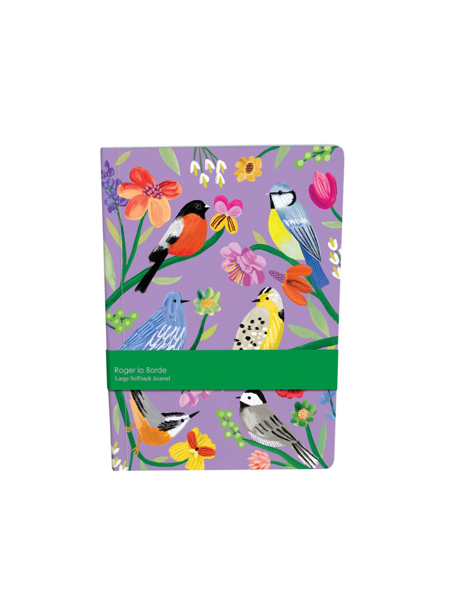 Vibrant colorful bird-themed journal cover featuring various songbirds and blooming flowers on a lavender background for nature-inspired stationery.
