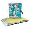 Vibrant illustrated scrapbook featuring trees, a girl, and a butterfly with decorative locks, showcasing creative craft and personalized photo albums.