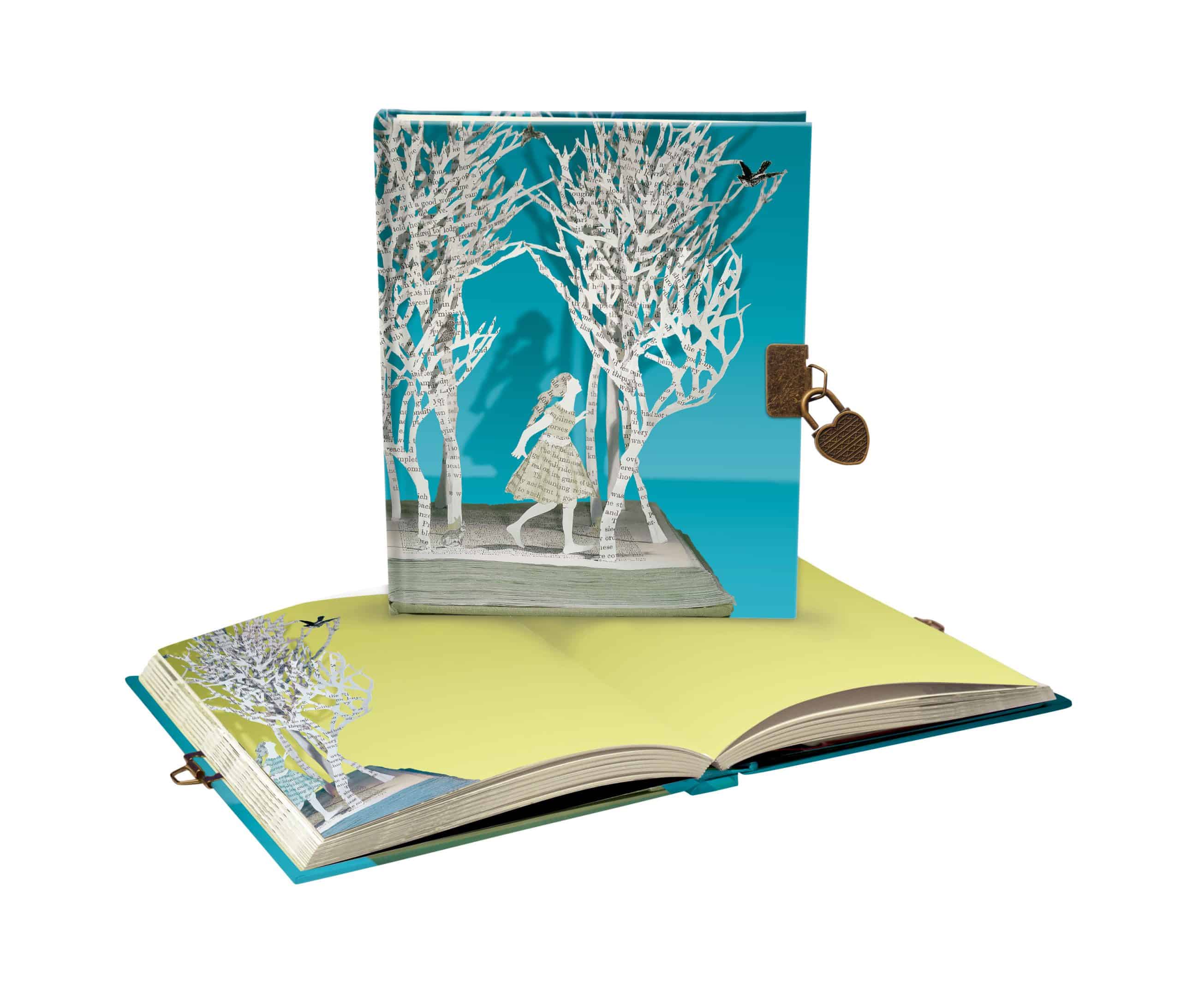 Vibrant illustrated scrapbook featuring trees, a girl, and a butterfly with decorative locks, showcasing creative craft and personalized photo albums.