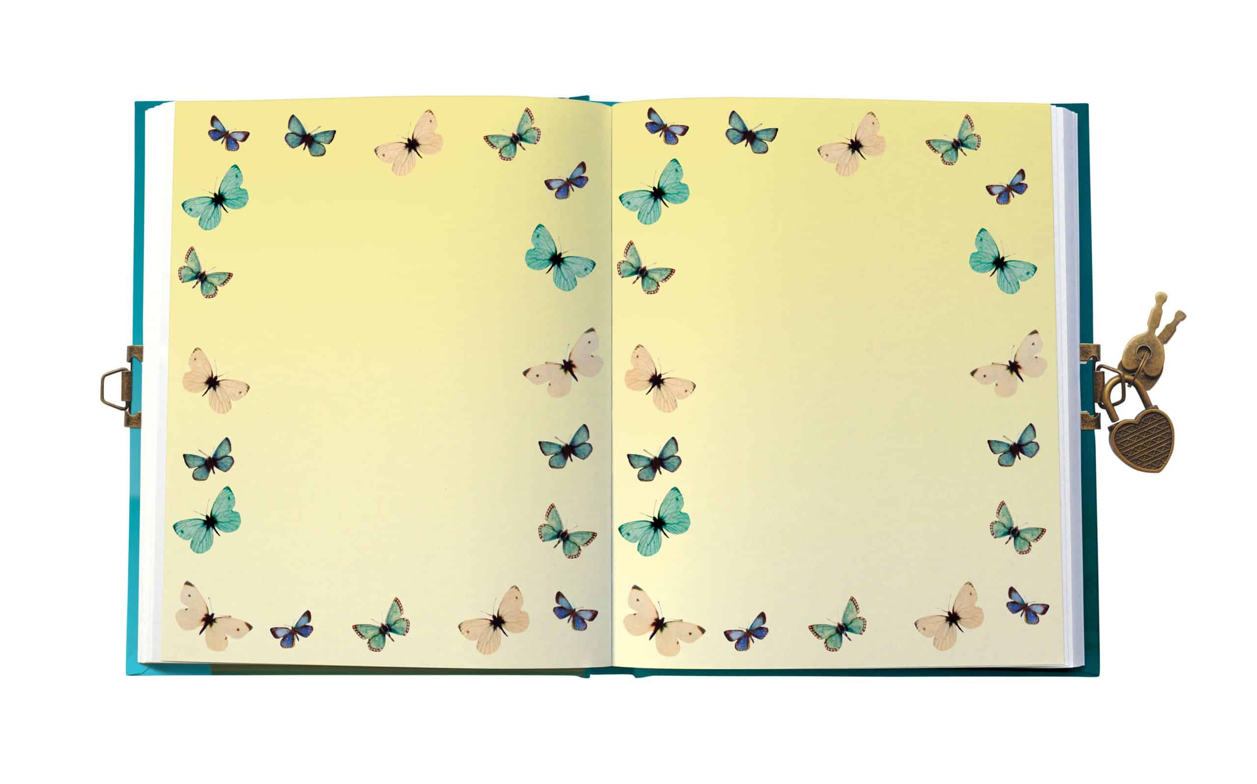 Vibrant butterfly-themed notebook with pastel-colored butterflies on cream pages, perfect for journaling or creative projects, displayed open on a white background.