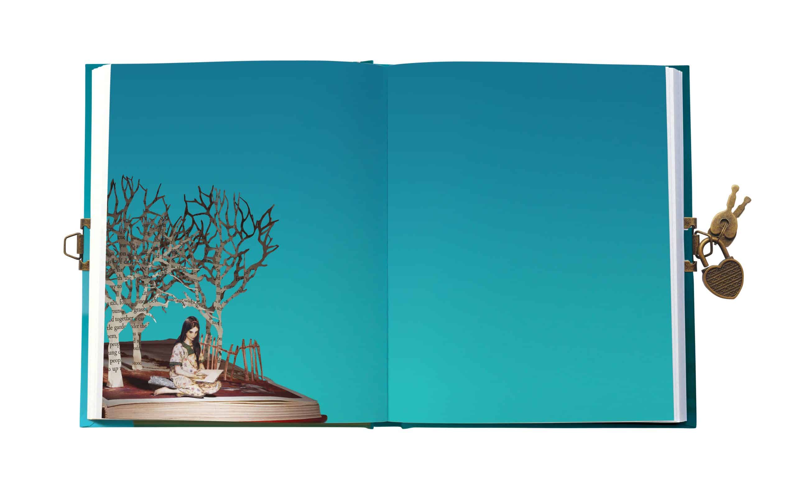 Beautifully designed pop-up book from The Wraperie, featuring intricate paper art with a girl sitting under a tree and detailed lock and key embellishments, perfect for creative gift wrapping.