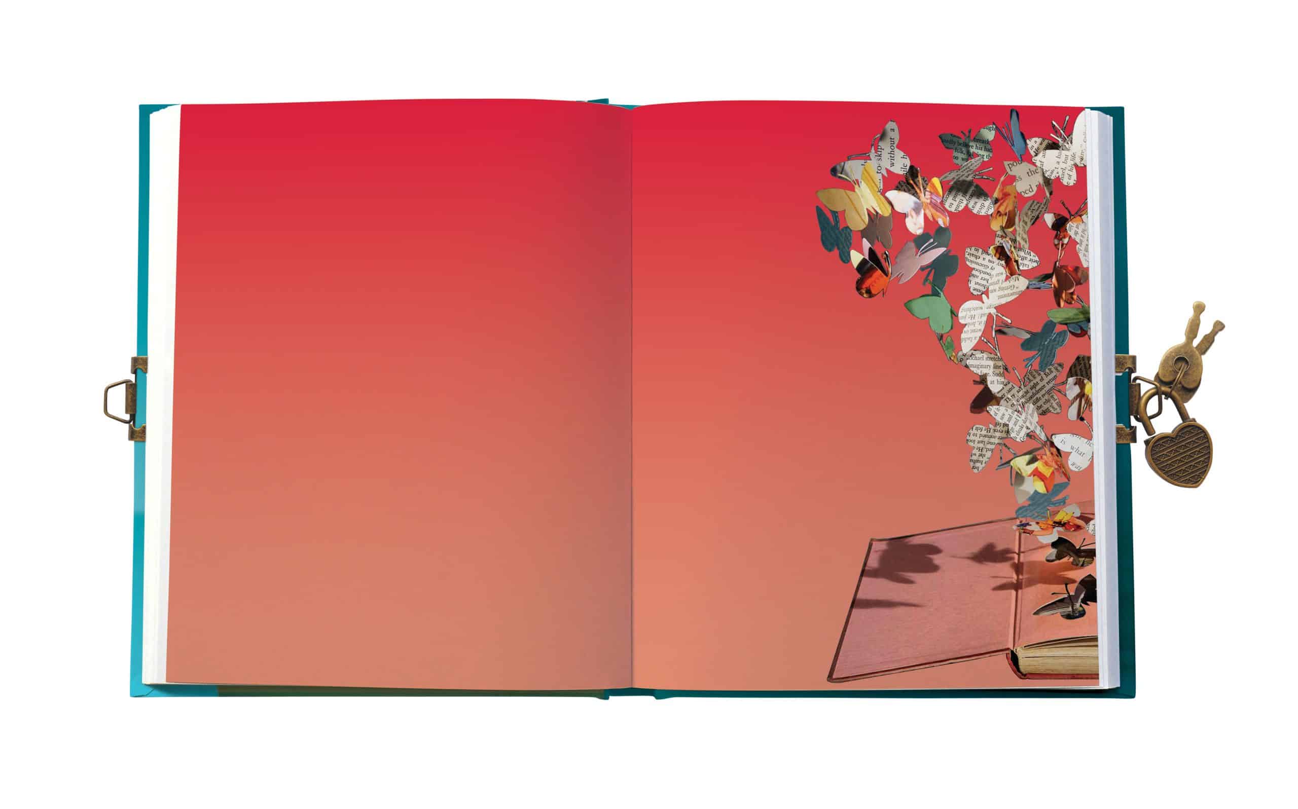 Colorful book with butterfly paper art and keychains, part of The Wraperie creative collection, showcasing intricate paper craft and unique designs.